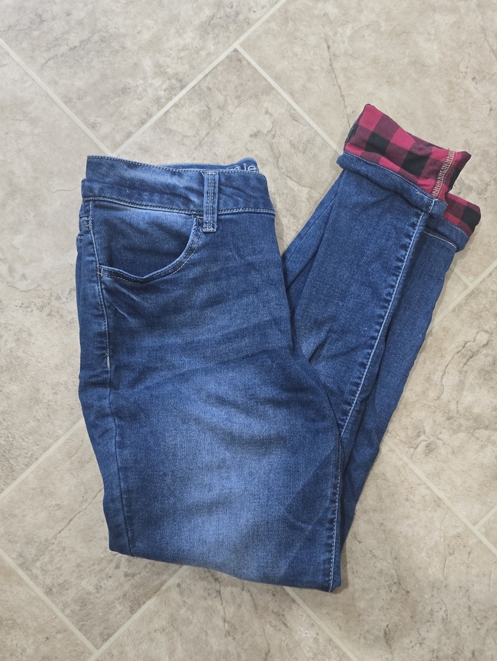 Maurices Dark Blue Jeggings with Red Plaid Cuff